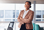 Black woman, business and portrait with a smile in office with pride for career or job as leader. Young entrepreneur person happy about growth, development and mindset to grow startup company 