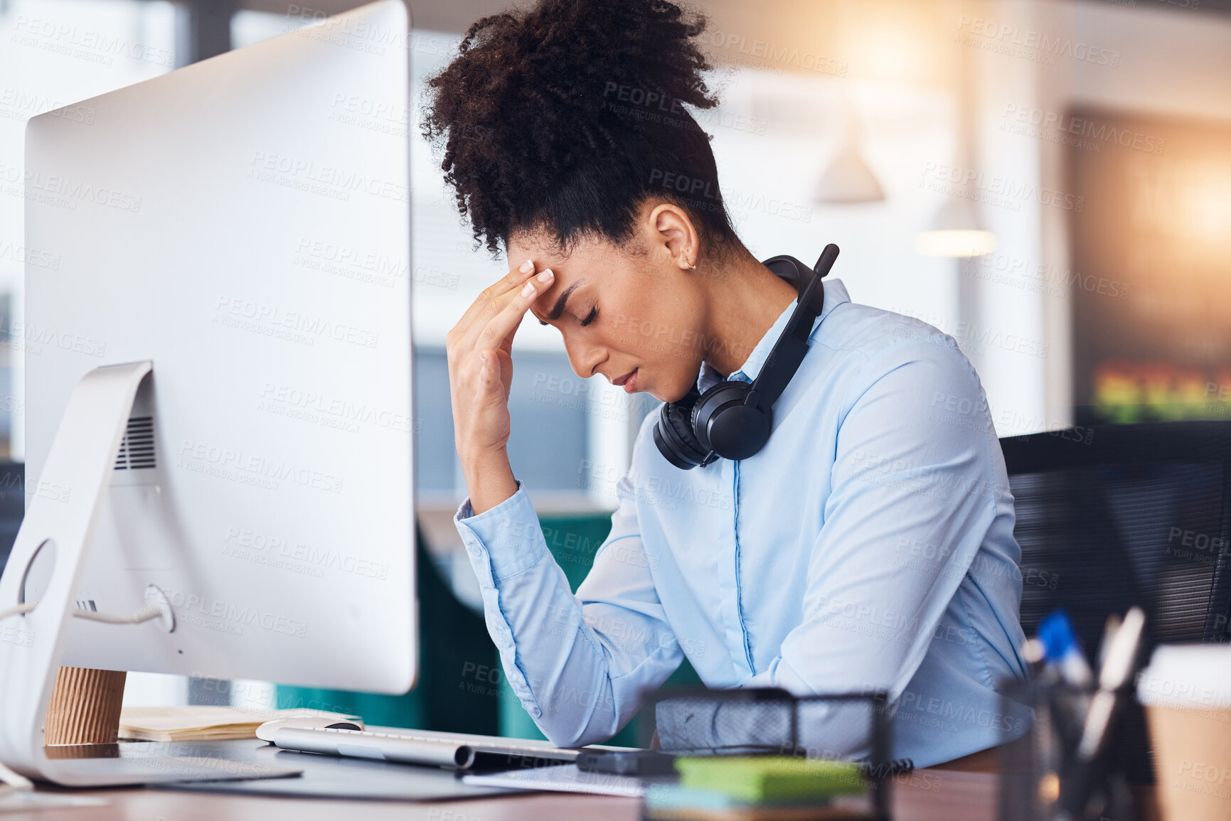 Buy stock photo Headache, customer support and black woman with stress in crm service, online support and computer problem. Burnout, telemarketing and female consultant with tired, frustrated and anxiety with client