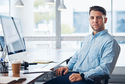 Buy stock photo Businessman, portrait and serious financial advisor by computer with documents in sales sitting by office desk. Corporate male employee by desktop PC on chair ready for finance advice, loan or help