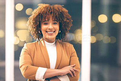 Buy stock photo Business, smile and portrait of black woman in office at night with crossed arms for working, startup and career. Leadership, success and female worker with happy mindset, attitude and company pride