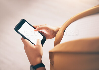 Buy stock photo Hands, phone and search with a business woman typing a text message from above for communication or networking. Contact, mobile and app with a female employee checking a schedule or internet calendar