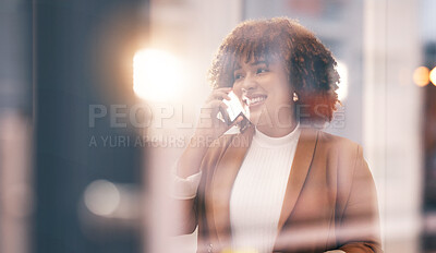 Buy stock photo Black woman, smile and business phone call for communication, conversation and network connection. Face of happy entrepreneur person in office building with smartphone while talking to contact