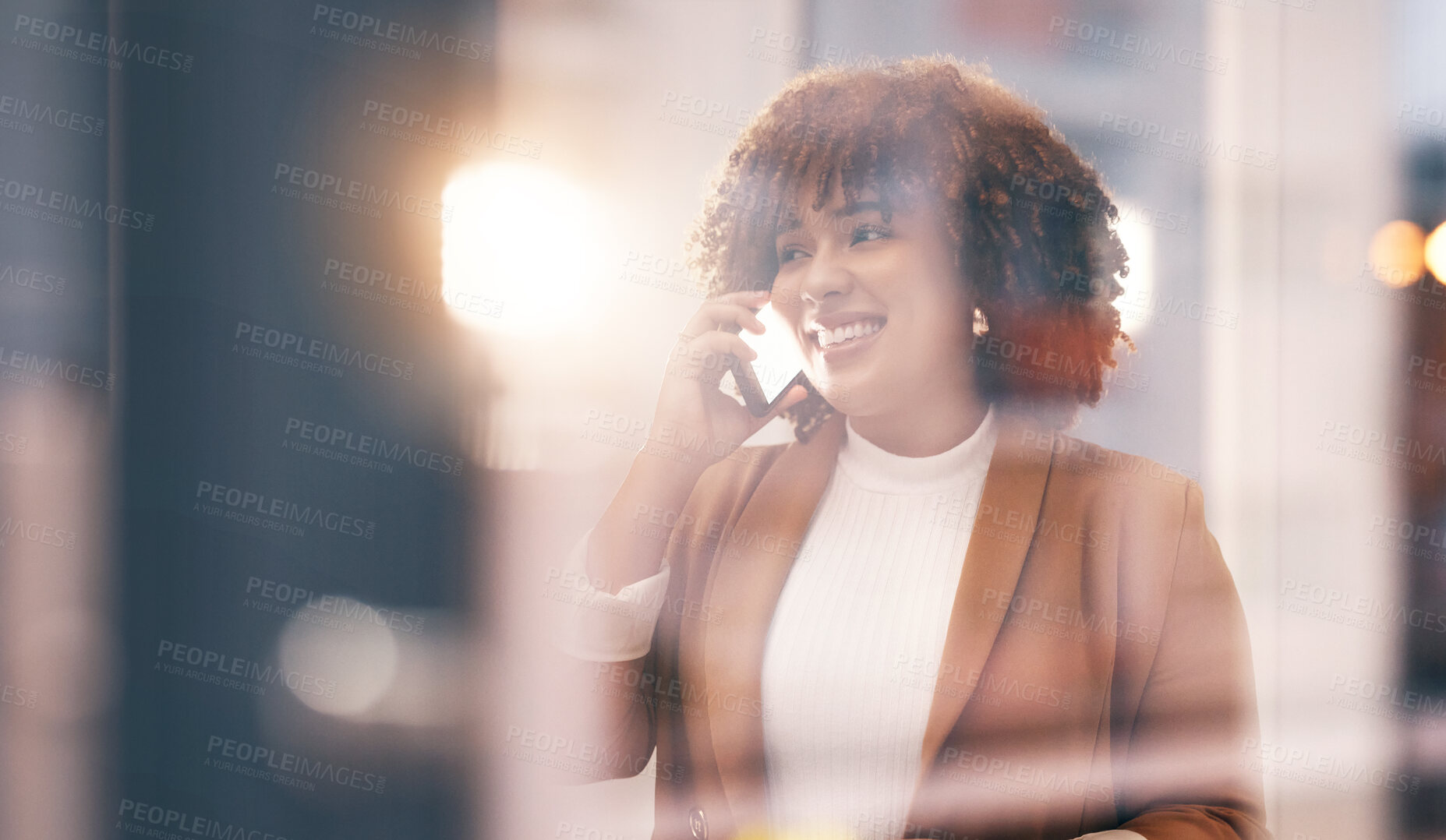 Buy stock photo Black woman, smile and business phone call for communication, conversation and network connection. Face of happy entrepreneur person in office building with smartphone while talking to contact