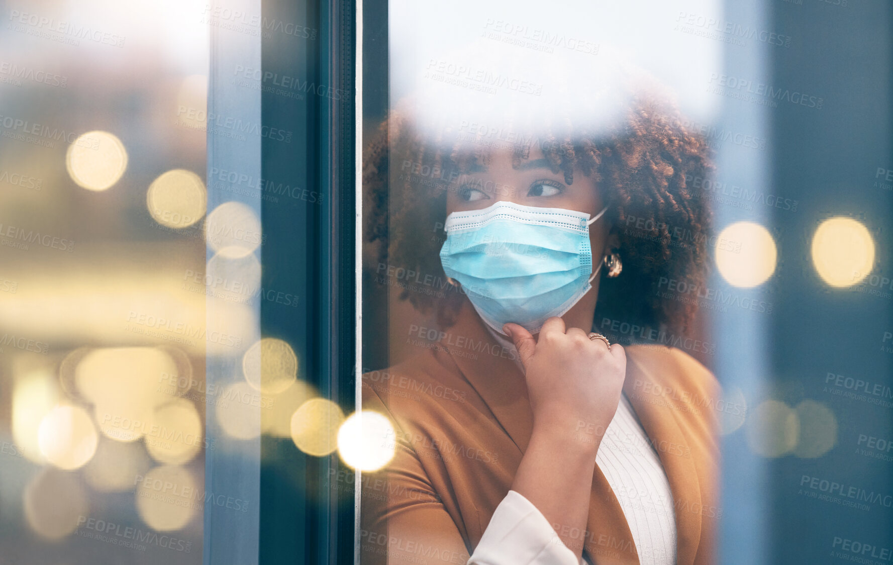 Buy stock photo Business, window and black woman with mask, isolated and fear for virus, protection and concern. African American female employee, leader and manager with face cover, skills and scared for infection