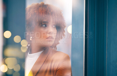 Buy stock photo Thinking, vision and black woman in an office for business, corporate job and motivation from a window. Professional, executive and worker at work with an idea, inspiration and contemplating