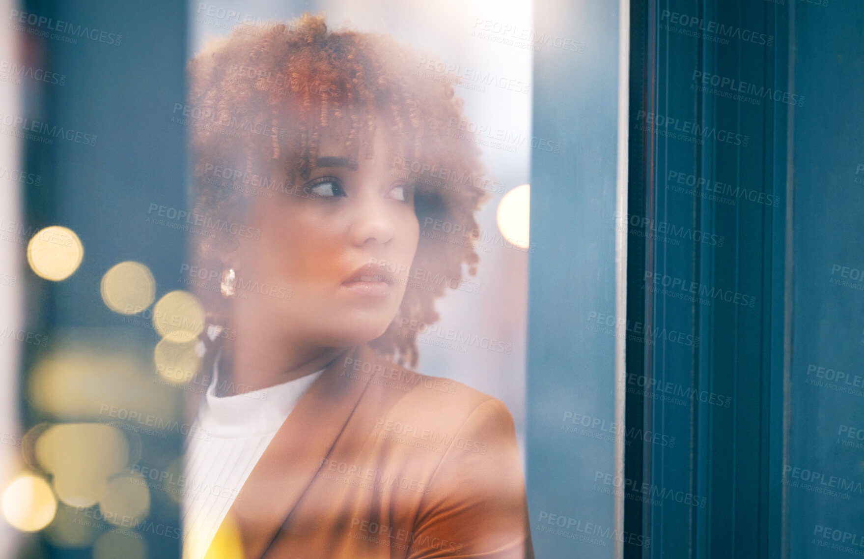 Buy stock photo Thinking, vision and black woman in an office for business, corporate job and motivation from a window. Professional, executive and worker at work with an idea, inspiration and contemplating