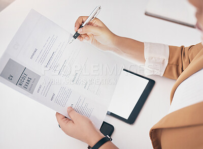 Buy stock photo Hands, cv paper and check at office with black woman, hr expert or question at desk for recruitment. Human resources, documents or choice for hiring, opportunity or job for future employee at company