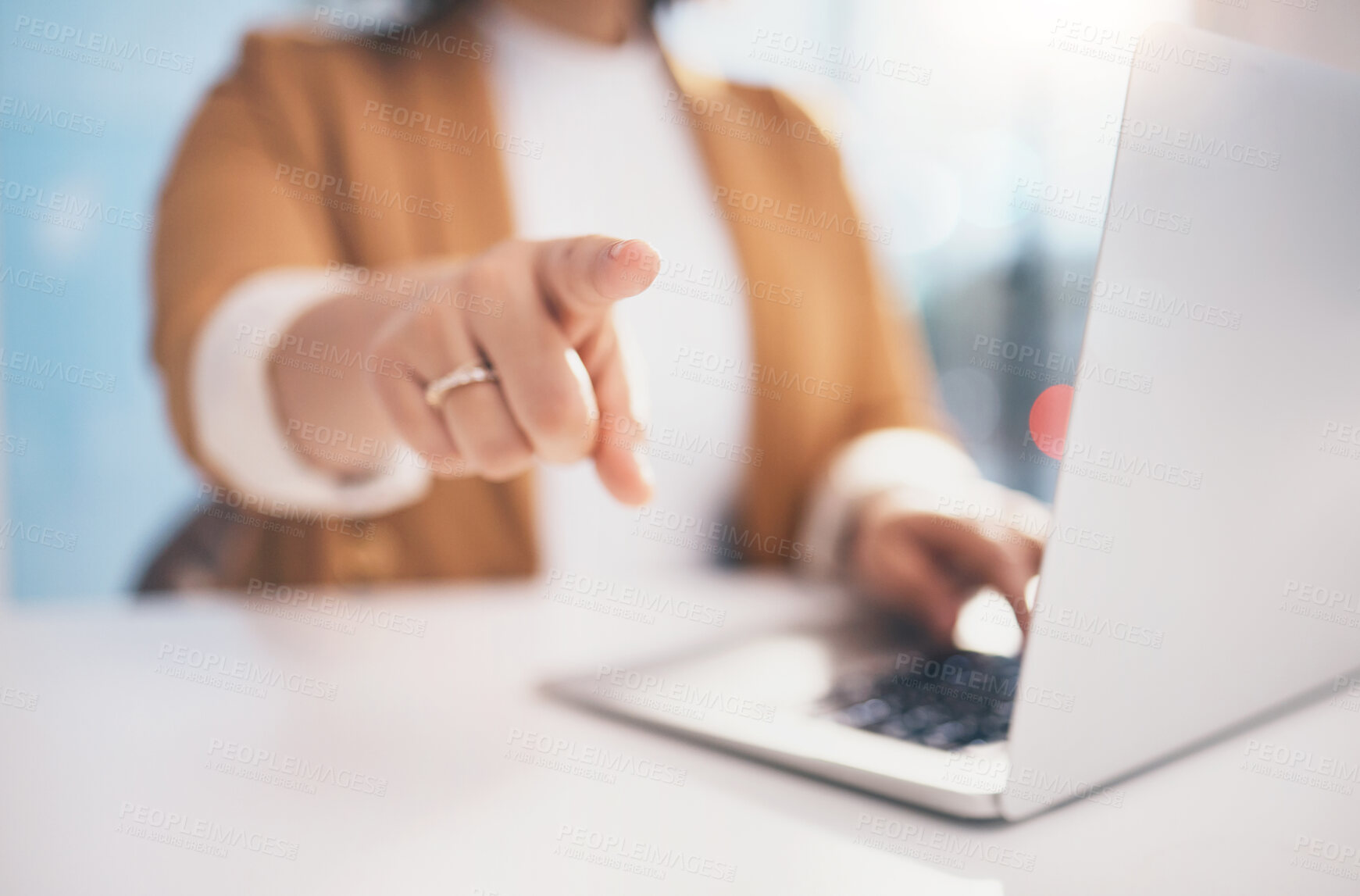 Buy stock photo Hand, pointing and laptop in office with black woman, hr expert and question at desk for recruitment. Human resources, manager and choice for hiring, opportunity or job for future employee at company