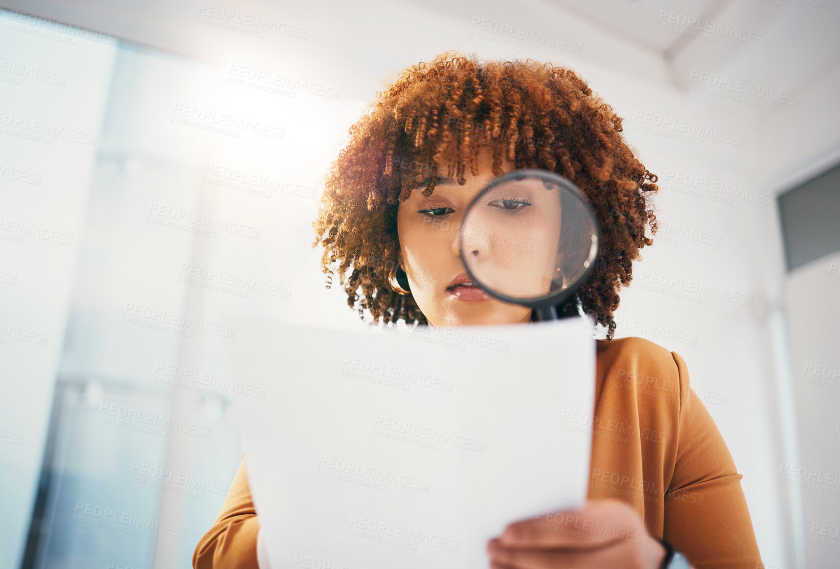 Buy stock photo Black woman, magnifying glass and office for search at documents, hr expert or focus for recruitment. Human resources, manager and paper inspection for hiring, opportunity and job for future employee