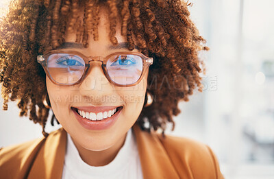 Buy stock photo Portrait, business and black woman with glasses, confident lady and happiness for profit growth, cheerful and success. Face, female consultant and happy entrepreneur with smile, eyewear or management