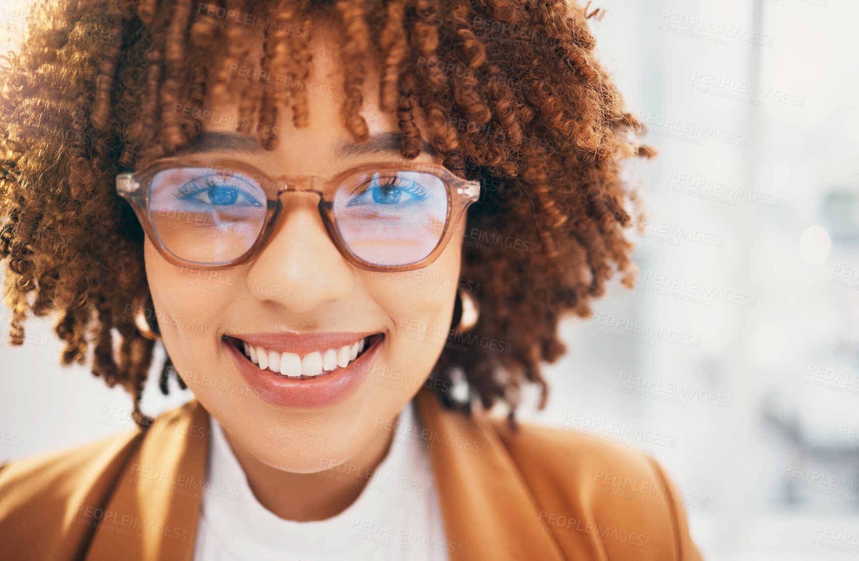 Buy stock photo Portrait, business and black woman with glasses, confident lady and happiness for profit growth, cheerful and success. Face, female consultant and happy entrepreneur with smile, eyewear or management