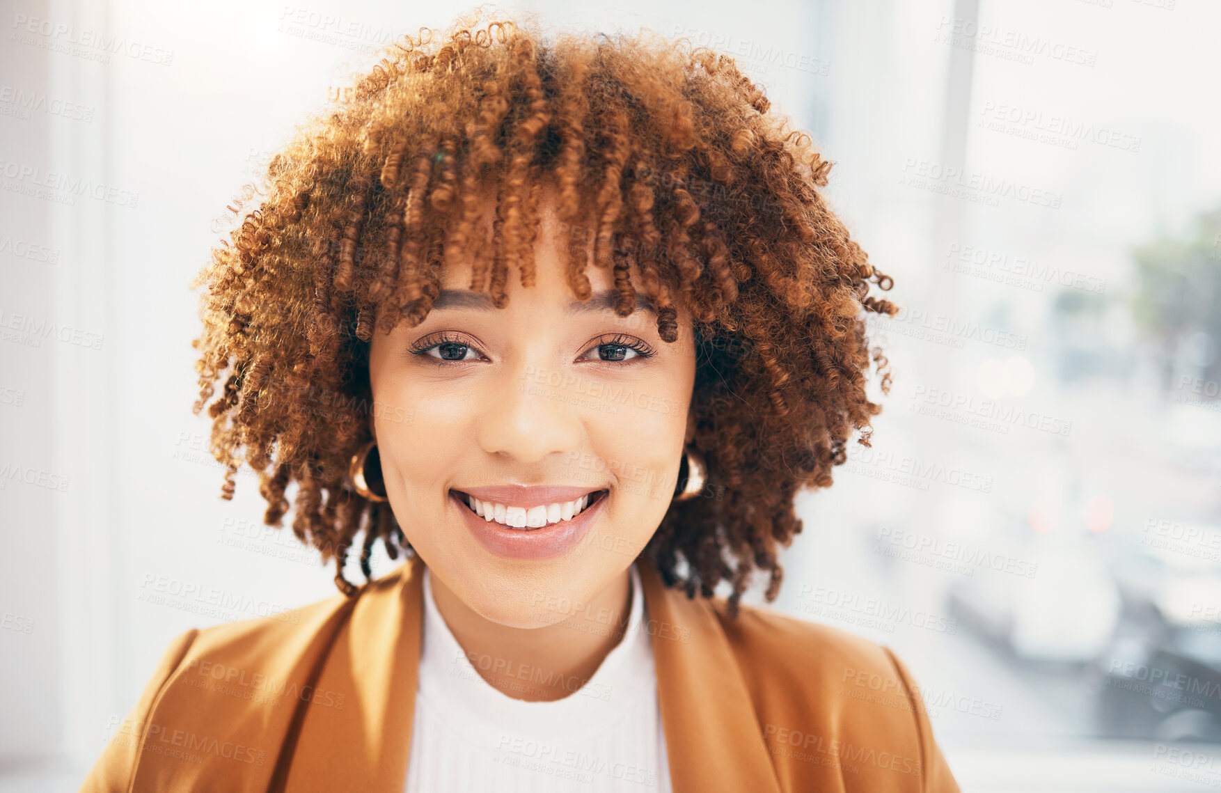 Buy stock photo Office, smile and portrait of business black woman in office excited for working, startup career and job. Leadership, success and face of female worker with happy mindset, attitude and company pride