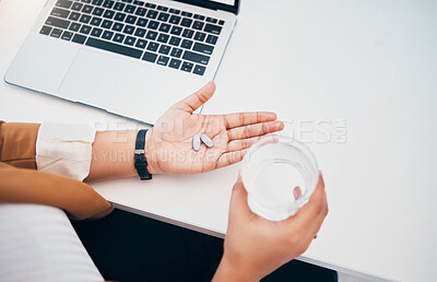 Sick, hands and an employee drinking water with pills, medicine and cure for illness at work. Healthcare, pain and employee with a prescription vitamin tablet for health, virus or allergy in morning