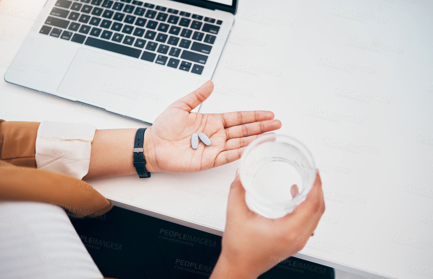 Buy stock photo Sick, hands and an employee drinking water with pills, medicine and cure for illness at work. Healthcare, pain and employee with a prescription vitamin tablet for health, virus or allergy in morning