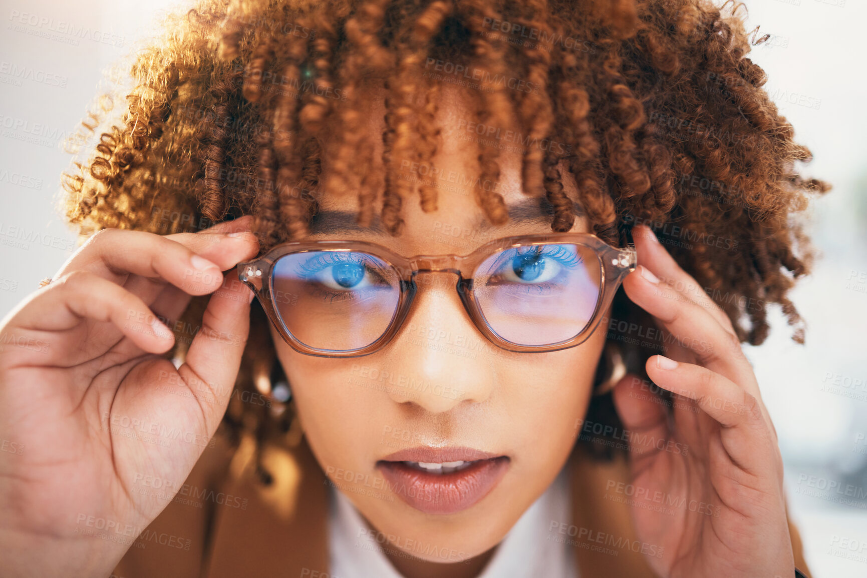 Buy stock photo Vision, glasses and black woman, face and portrait with eye care, designer frame with prescription lens. Closeup, optometry and hands holding spectacles with female, fashion and health for eyes