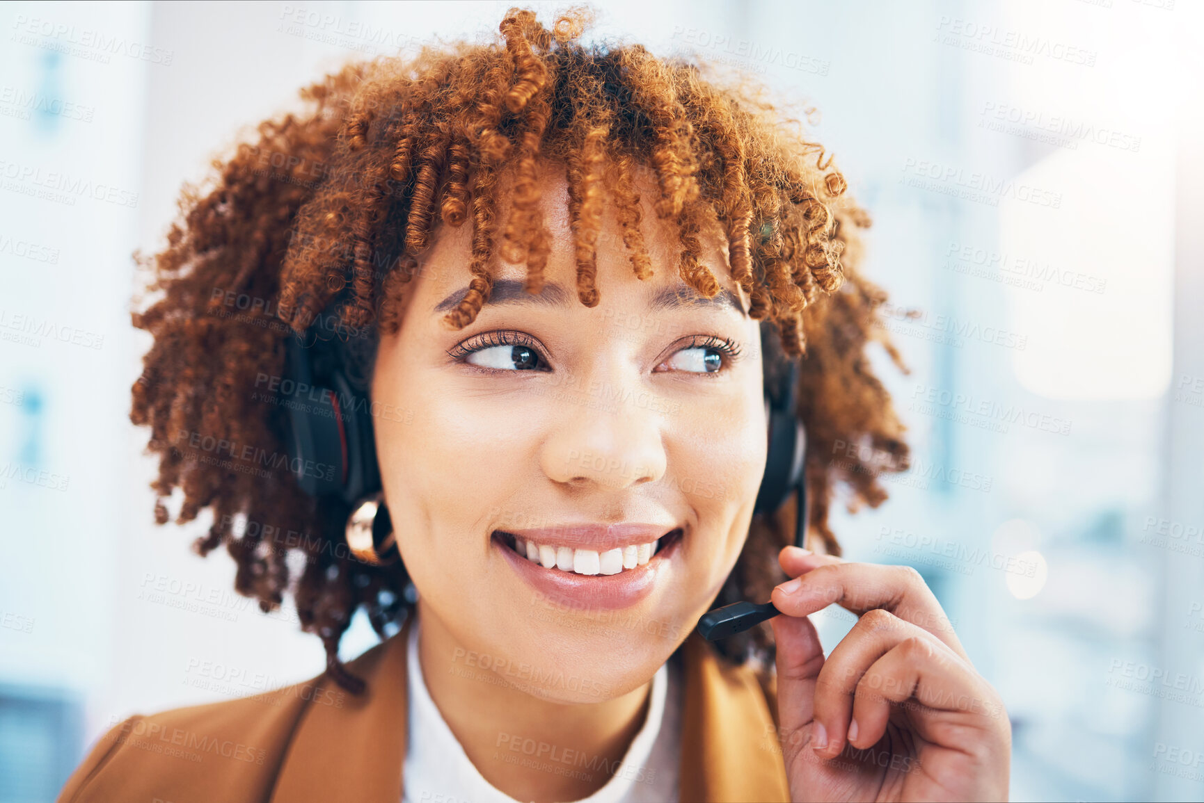 Buy stock photo Black woman, call center and support with microphone for customer service, sales or crm in office. Face of consultant or agent person in telemarketing, contact us or help desk with smile and thinking