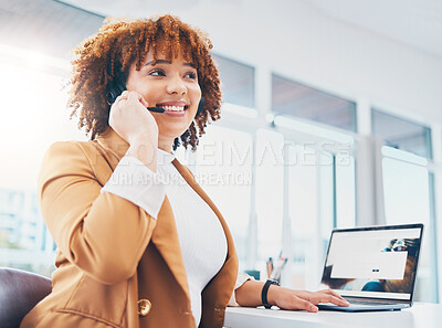 Buy stock photo Call center, laptop and woman with microphone and smile for customer support, sale or crm. Black person consultant, receptionist or agent in telecom service, contact us or help desk for communication