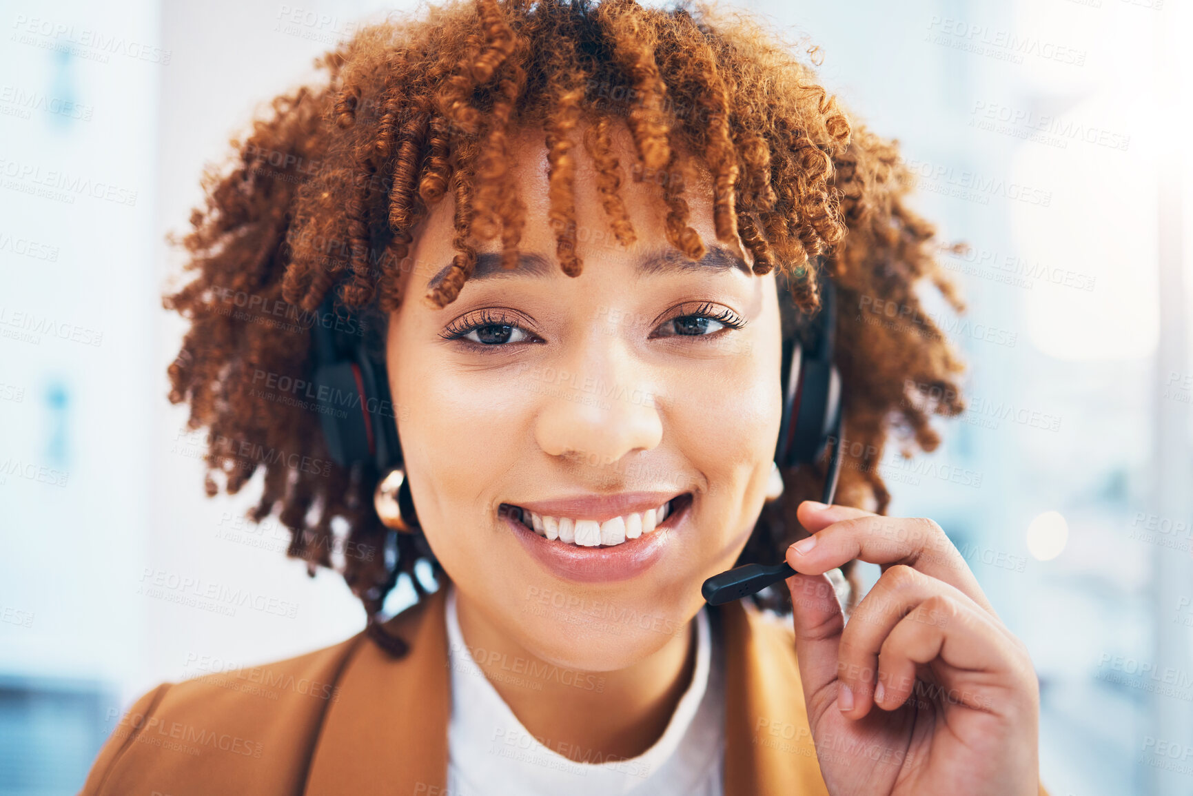 Buy stock photo Call center, face and smile portrait of black woman for customer service, sales or crm in office. Person working as consultant or agent in telemarketing, support or help desk with microphone to talk