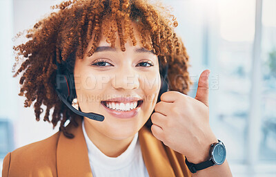 Buy stock photo Woman, smile portrait and thumbs up in call center  for customer service, support or crm. Black person consultant, receptionist or agent for telemarketing, contact us or help desk success hand sign