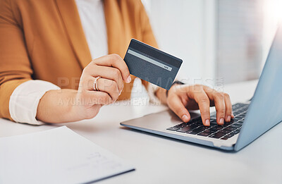 Buy stock photo Hands, laptop and office with credit card for black woman, e-commerce and shopping on web with cybersecurity. Corporate executive, computer and ecommerce for sale, discount and fintech at workplace