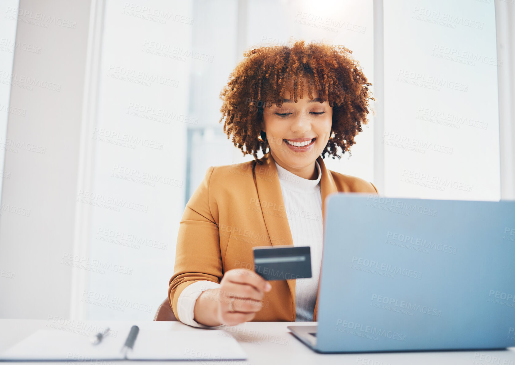 Buy stock photo Black woman, laptop and office with credit card for e-commerce or shopping on web with smile for cybersecurity. Corporate executive, computer and ecommerce for retail, discount and fintech at desk