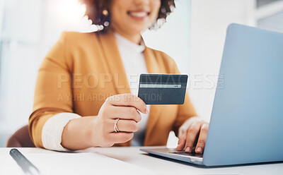 Buy stock photo Hands, computer and office with credit card for black woman, e-commerce or online shopping with cybersecurity. Corporate executive, laptop and ecommerce for discount, sale and fintech at workplace