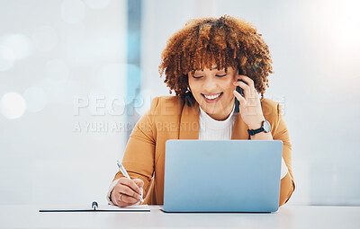 Buy stock photo Writing, phone call and planning with black woman in office for networking, schedule and communication. Contact, notebook and agenda with girl at desk for administration, technology and information