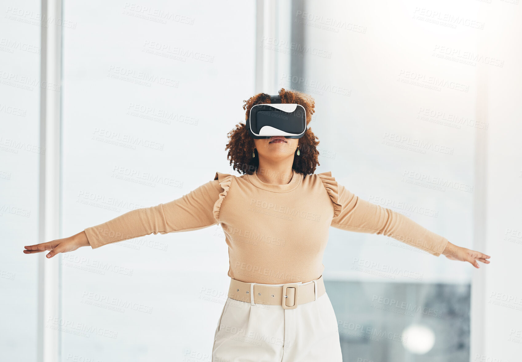 Buy stock photo Virtual reality, futuristic goggles and black woman with arms raised for interactive, user interface and metaverse. Technology, vr headset and girl in flying pose for online game or digital gaming 