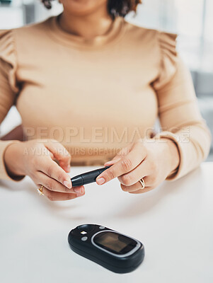 Buy stock photo Diabetes, hands of black woman and blood sugar test on finger, healthcare and medicine in home. Health, innovation and technology, diabetic person with digital hand glucometer checking glucose level.