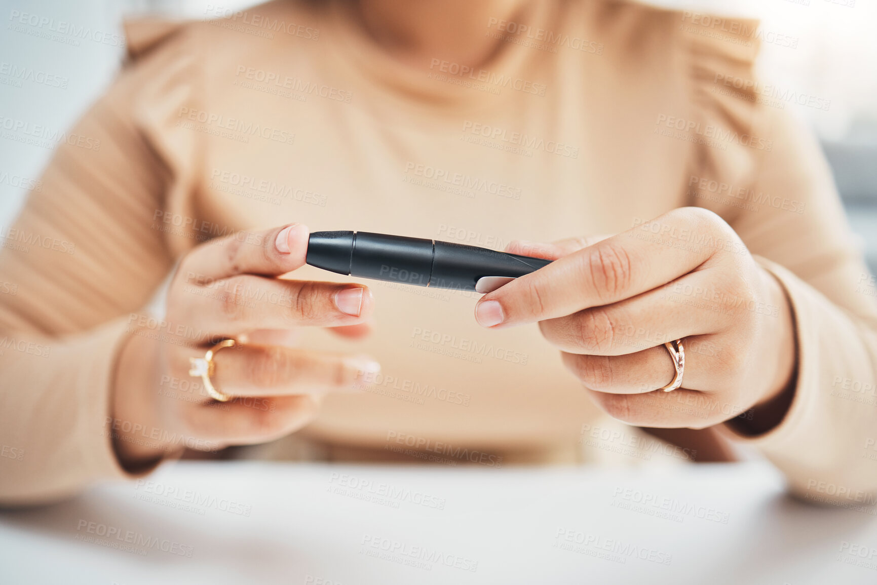 Buy stock photo Diabetes, hands of black woman and blood test on finger, healthcare and medicine in home. Health, innovation and technology, diabetic person with digital glucometer checking glucose or sugar level.