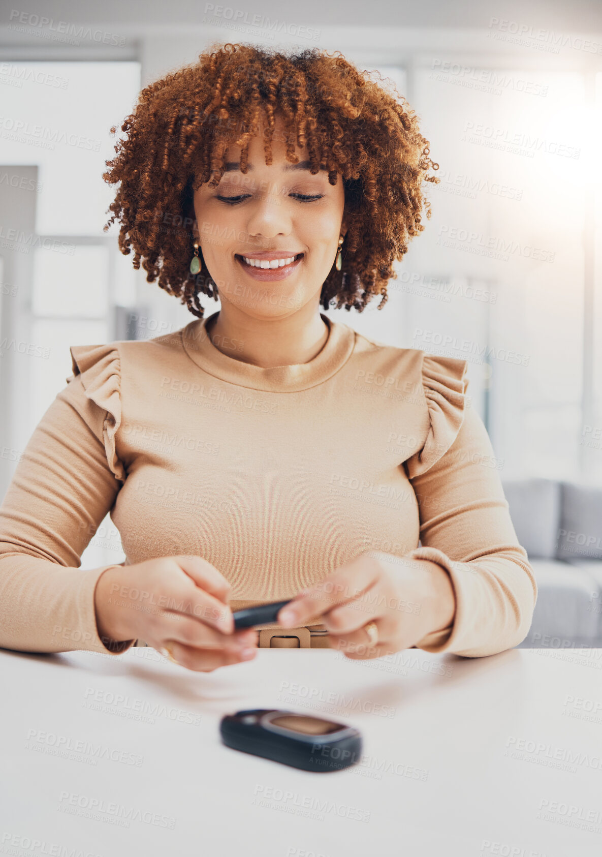 Buy stock photo Health, diabetes and black woman with blood sugar test on finger, wellness and digital device. African American female, lady and machine to check glucose level, happiness and technology for self care