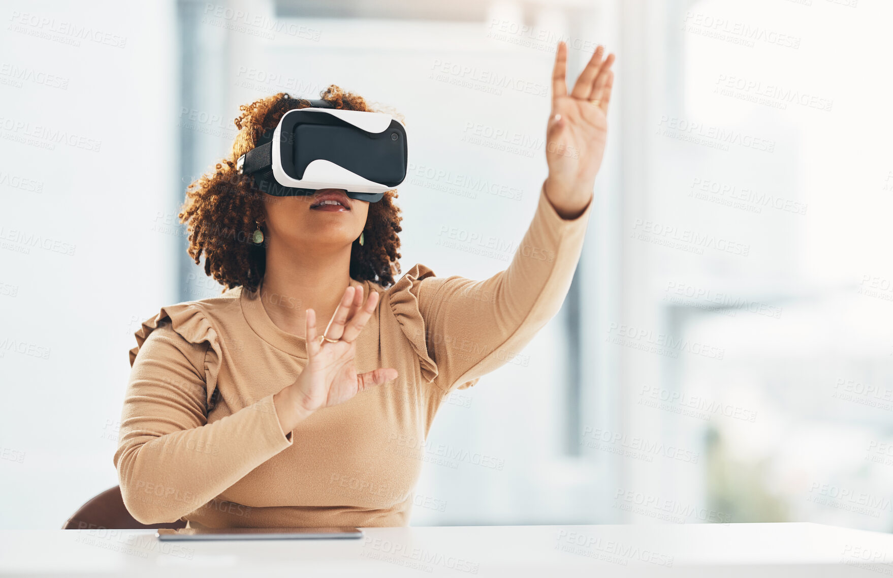 Buy stock photo VR, touching and woman with glasses for a simulation, digital project and system. Business, ai and employee in corporate working with an interactive, futuristic and virtual reality program online