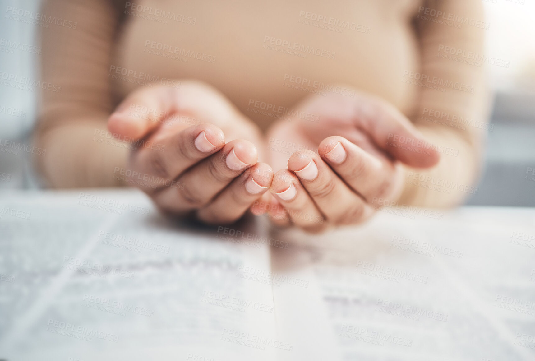 Buy stock photo Worship, prayer and bible with hands of woman for religion, support and Christian faith. Believe, spirituality and God with girl praying over catholic holy text for wellness, respect and hope 