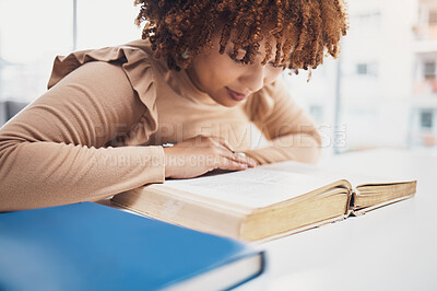 Buy stock photo Religion, faith and woman reading the bible for knowledge, learning or worship in a house. Believe, god and christian African female studying the holy book for spiritual wellness or hope in her home.