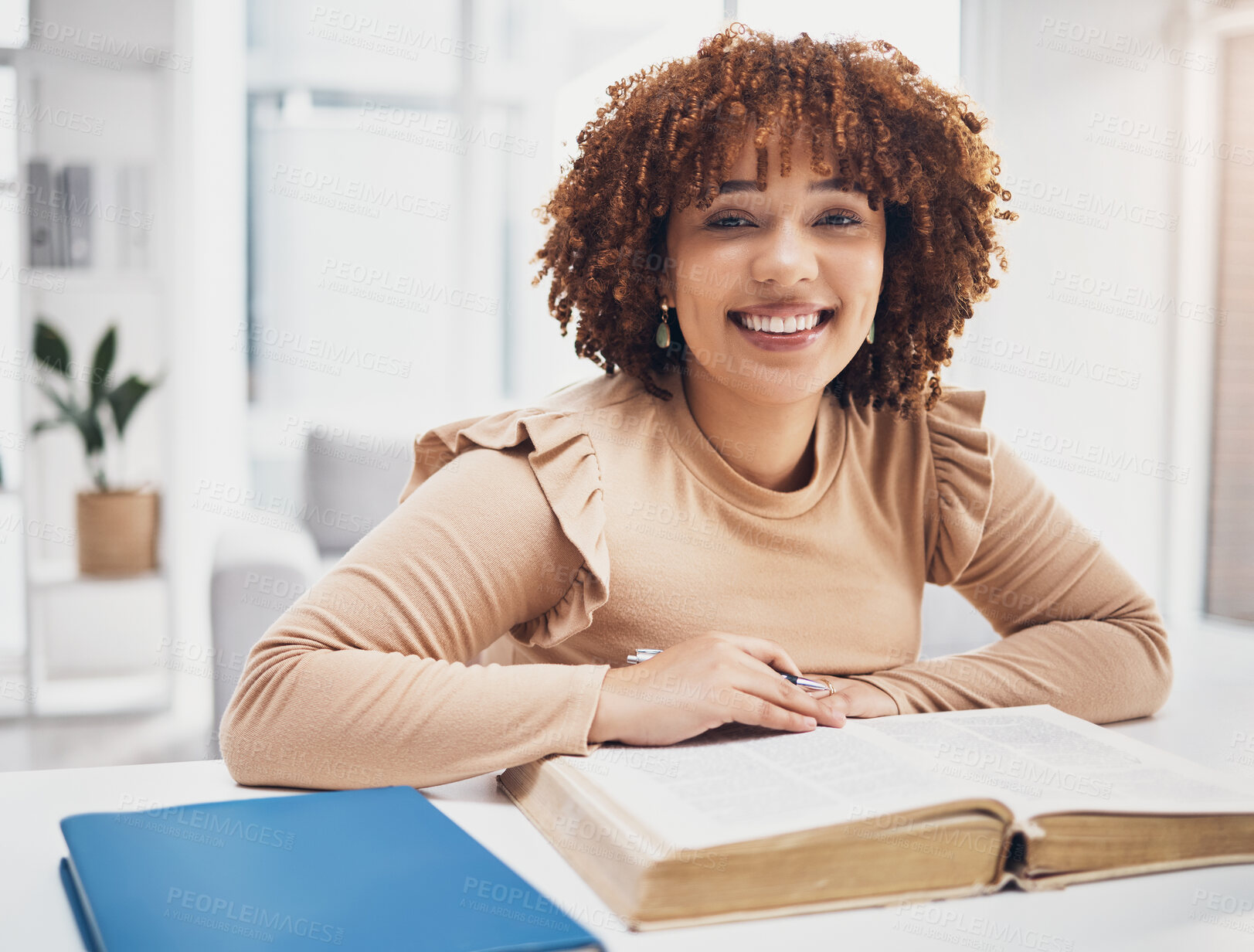 Buy stock photo Happy, smile and portrait of black woman with bible for prayer, worship and christian religion. Faith, God and praying with girl reading holy book at home for belief, spirituality and respect 