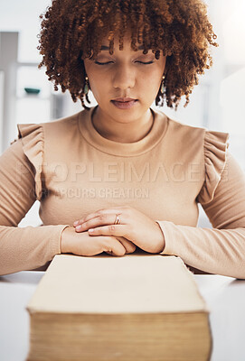 Buy stock photo Worship, bible and black woman praying, studying faith and gratitude for life, success or healing. Believer, African American female or lady with scripture, spiritual or religion for guidance or goal