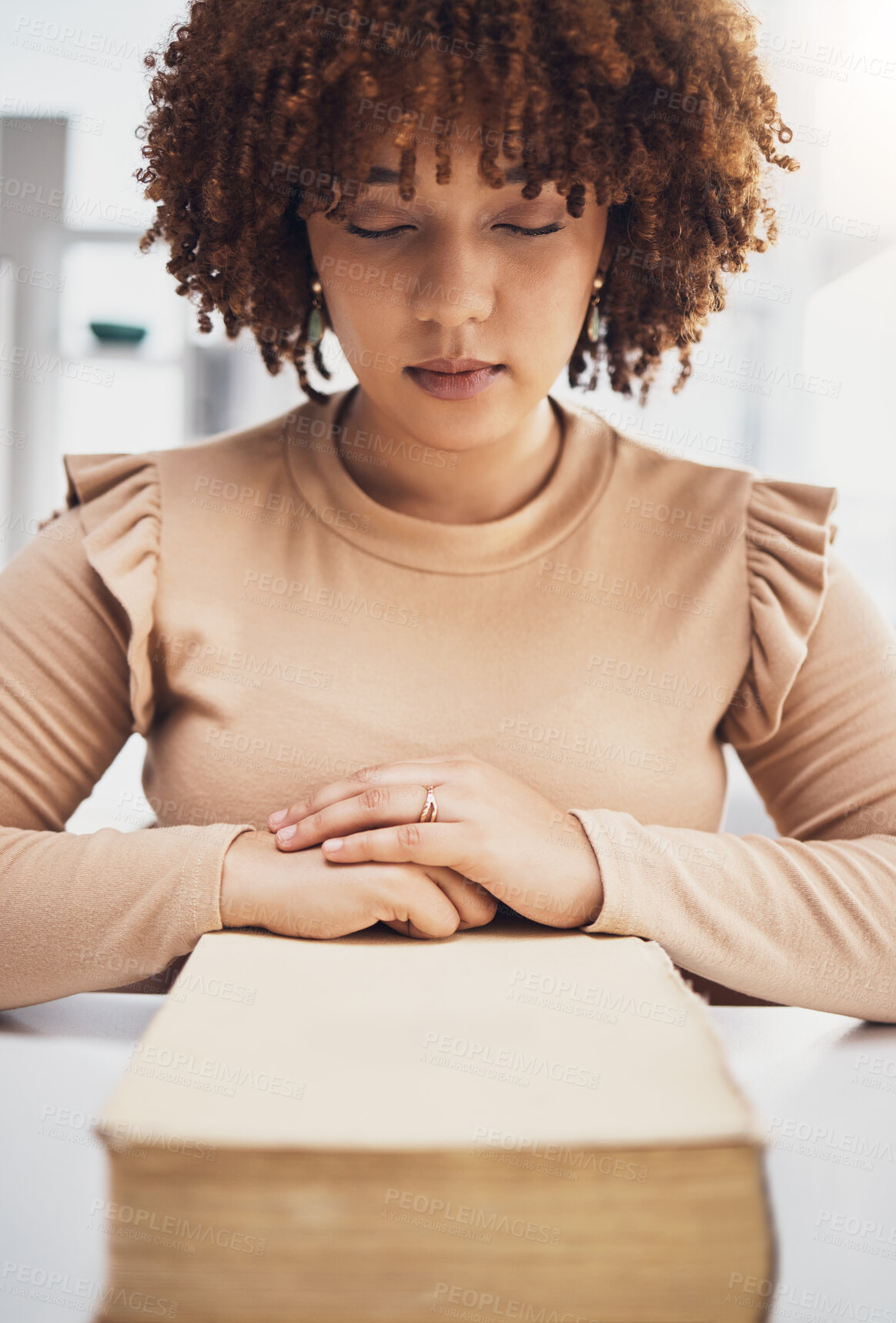 Buy stock photo Worship, bible and black woman praying, studying faith and gratitude for life, success or healing. Believer, African American female or lady with scripture, spiritual or religion for guidance or goal