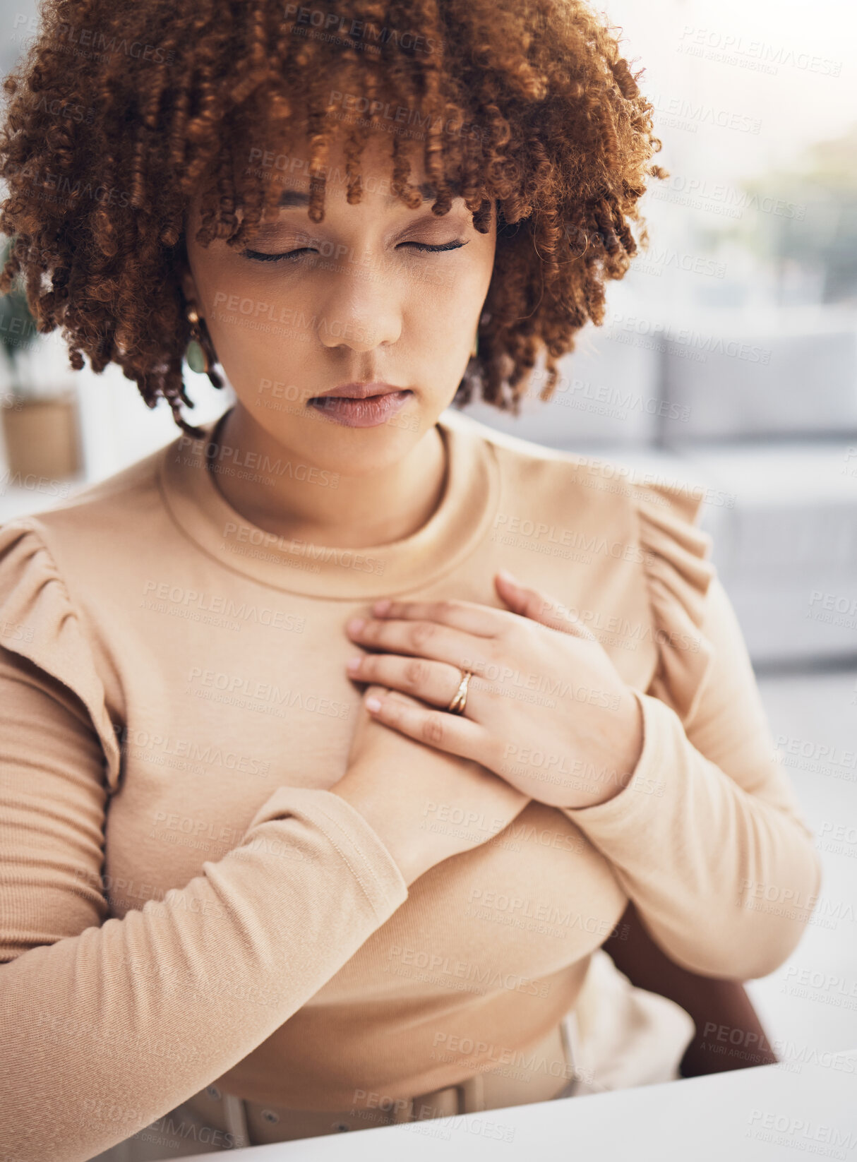 Buy stock photo Black woman, breathing exercise and stress mindfulness of a remote worker doing meditation. Breathe, heart rate awareness and meditating young female try to relax with zen activity in a house