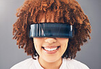 Futuristic glasses, face and black woman isolated on gray background metaverse, cyberpunk and virtual reality. VR vision technology, future ai and digital high tech of gen z model or person headshot
