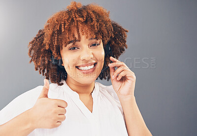 Buy stock photo Call center, thumbs up and portrait of black woman for customer support, online service and consulting help. Crm business, contact us and face of happy female worker with headset for telemarketing