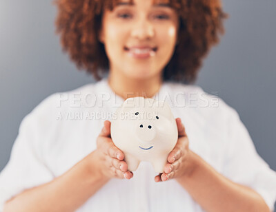 Buy stock photo Finance, piggy bank or black woman with savings budget or financial profits growth on blurred background. Happy, portrait or African American girl with tin container for cash loan or money investment
