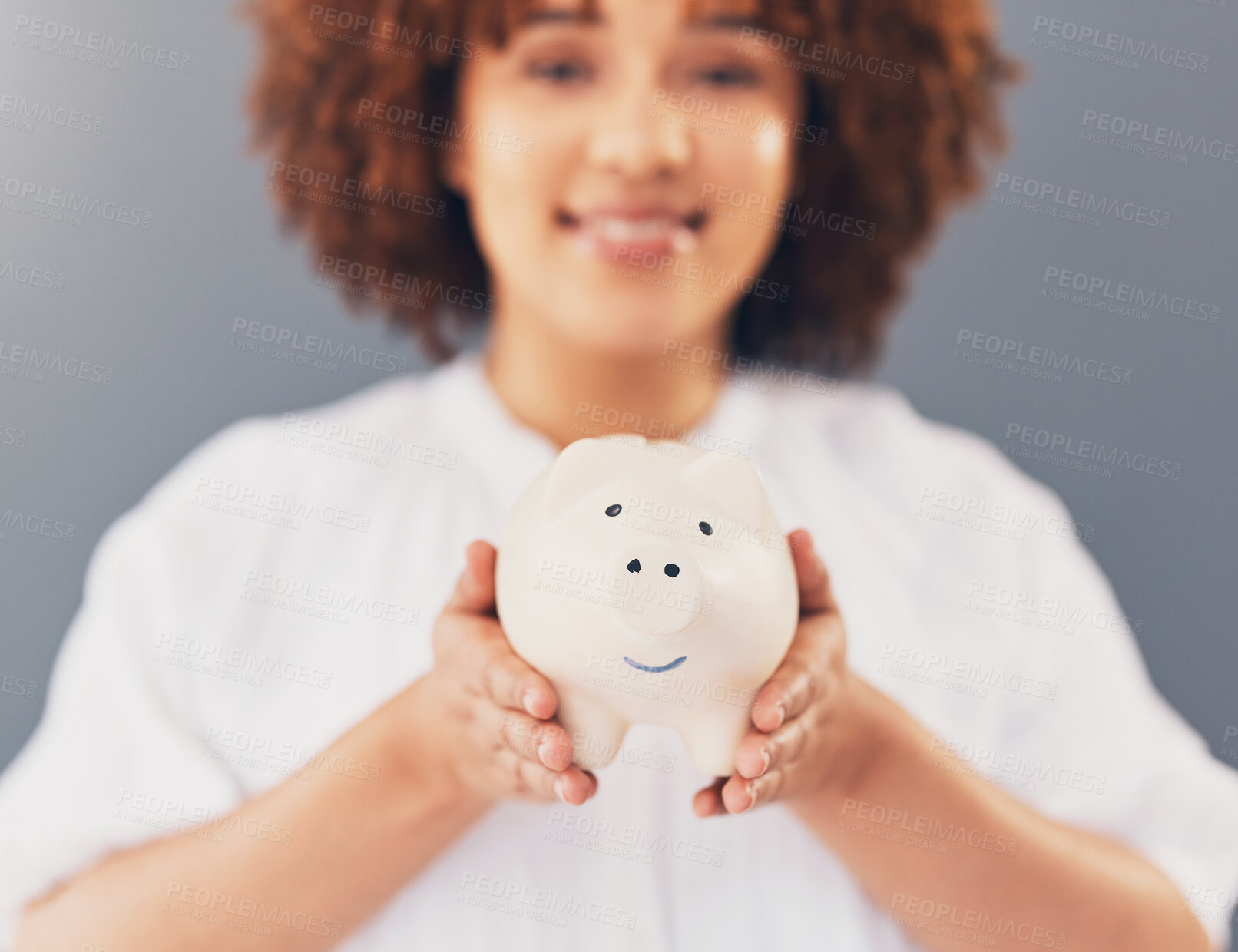 Buy stock photo Finance, piggy bank or black woman with savings budget or financial profits growth on blurred background. Happy, portrait or African American girl with tin container for cash loan or money investment