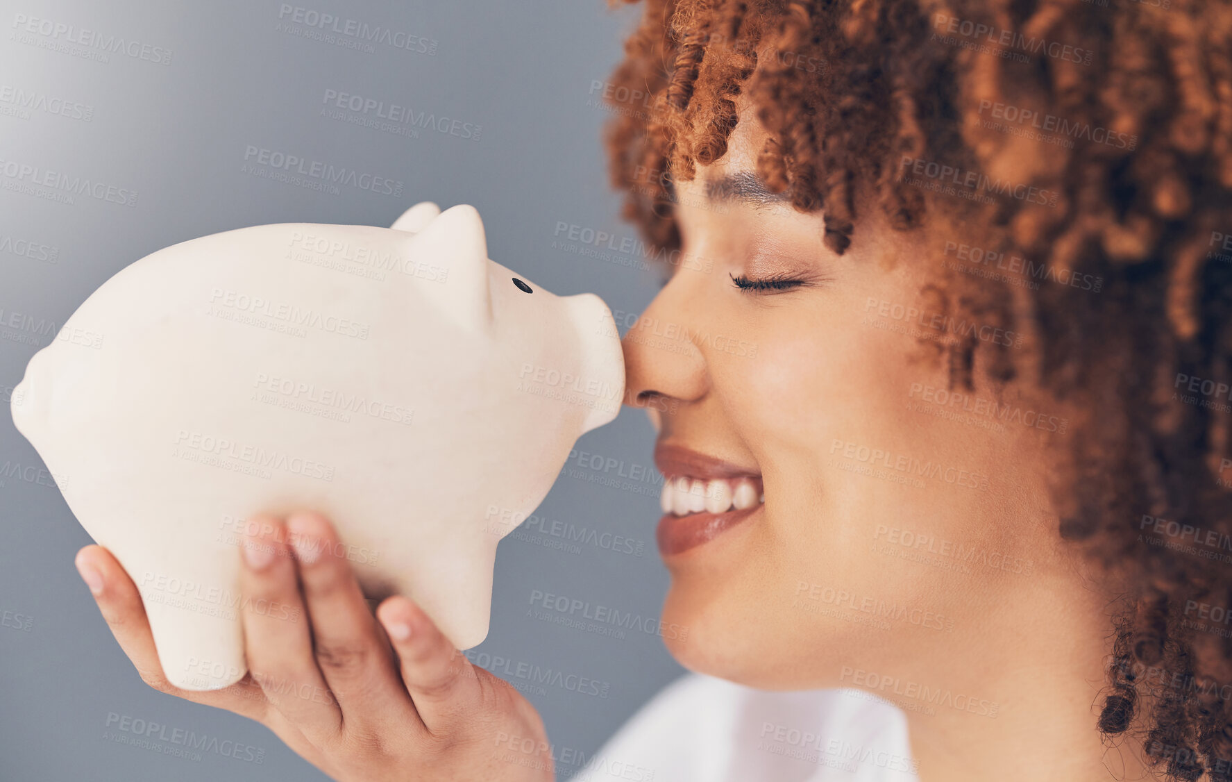 Buy stock photo Smile, piggy bank or happy black woman with savings budget or financial profits growth on studio background. Face, finance or African girl holding tin container for cash loan or money investment 