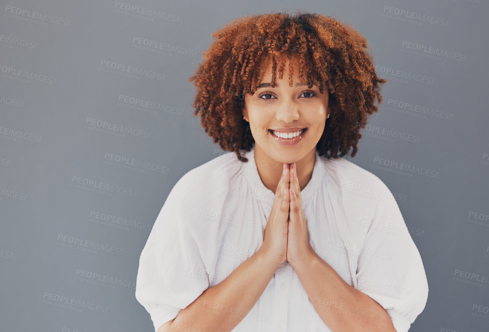 Buy stock photo Portrait of woman with praying hands isolated on studio background for hope, asking please or help for opportunity. Happy young person or face of gen z student with prayer sign, sorry or support