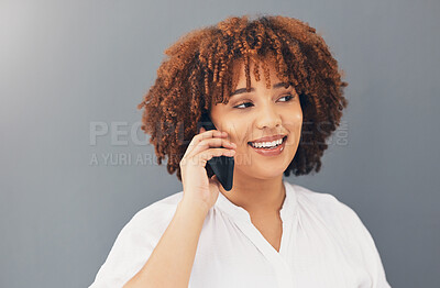 Buy stock photo Phone call, happy and smile with black woman in studio background for communication, contact and internet. Networking, technology and mobile with girl talking for online, discussion and news
