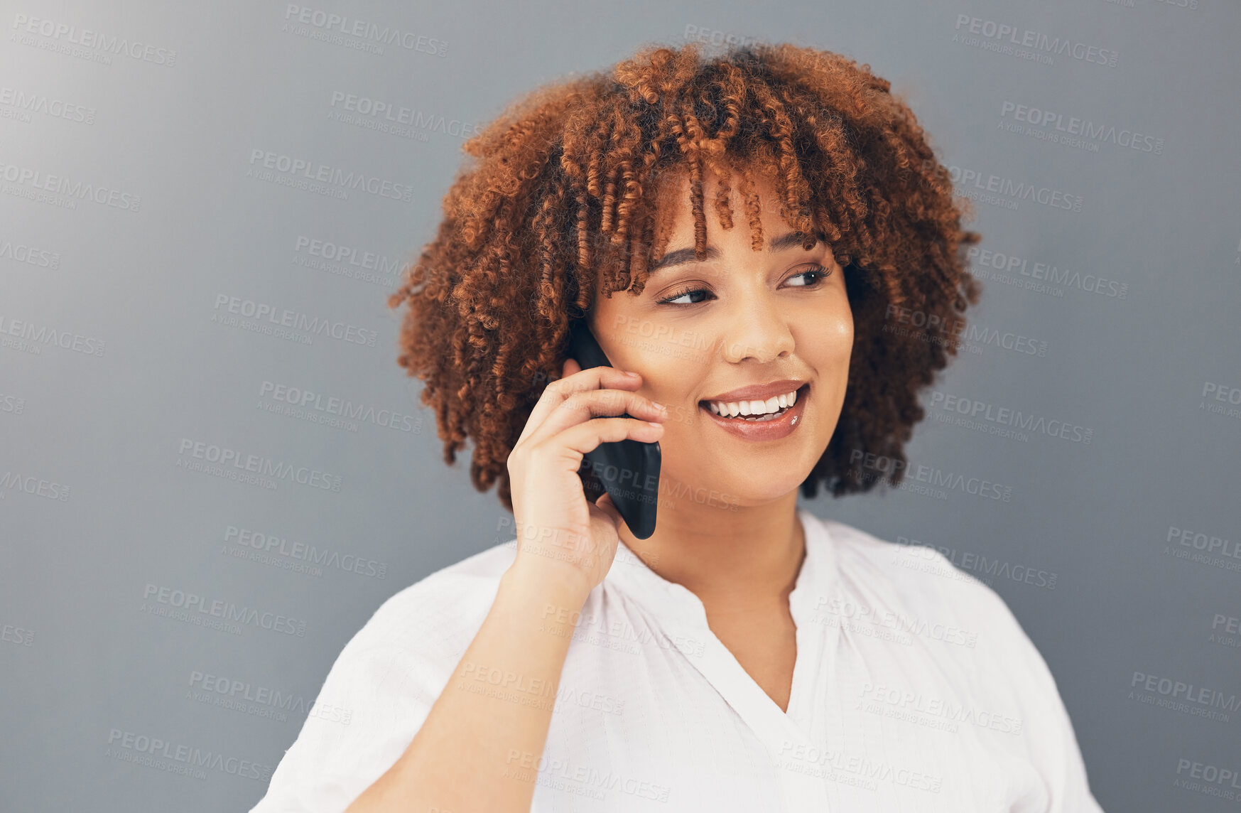 Buy stock photo Phone call, happy and smile with black woman in studio background for communication, contact and internet. Networking, technology and mobile with girl talking for online, discussion and news