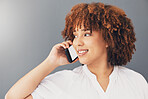 Phone call, happy and contact with black woman in studio background for communication, smile and internet. Networking, technology and mobile with girl talking for online, discussion and news