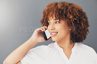 Buy stock photo Phone call, happy and contact with black woman in studio background for communication, smile and internet. Networking, technology and mobile with girl talking for online, discussion and news