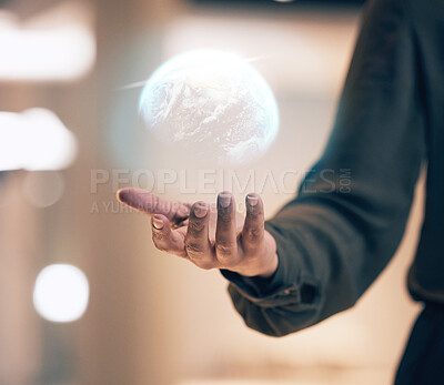 Globe, hologram and person hands for global networking, digital world overlay and futuristic business data. Holographic, future technology and woman worldwide solution in palm for night connection