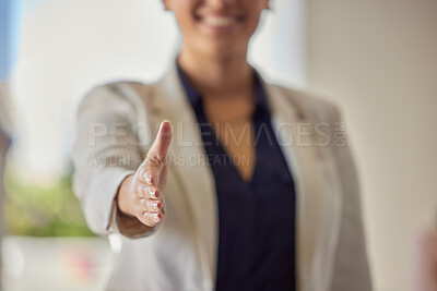 Buy stock photo Handshake, offer and hello from business woman for networking, meeting and HR hiring deal. Closeup of employer stretching for shaking hands, recruitment and welcome to partnership, trust or thank you